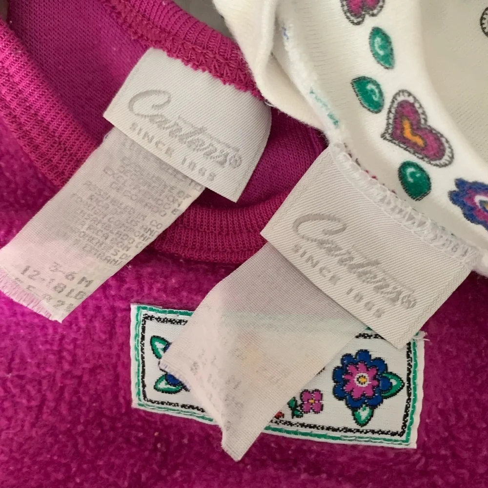 Vintage Carter's Baby Girls 3-6M Pink Floral Fleece Overalls & Shirt Set